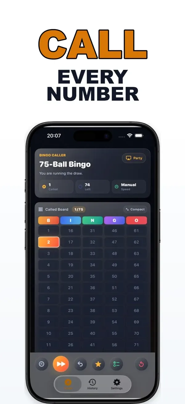 Bingo number caller screen