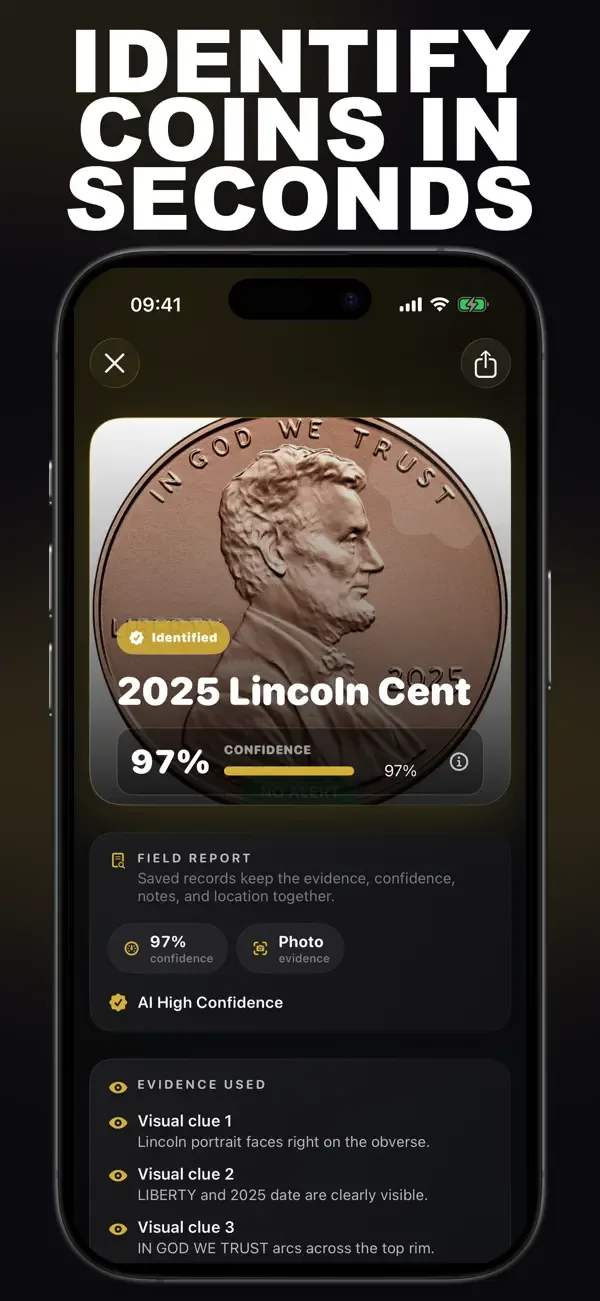 Coin photo identification result with visible confidence and evidence