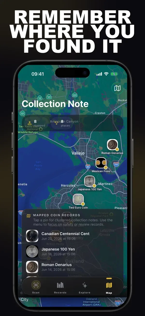 Map showing where saved coin observations were recorded