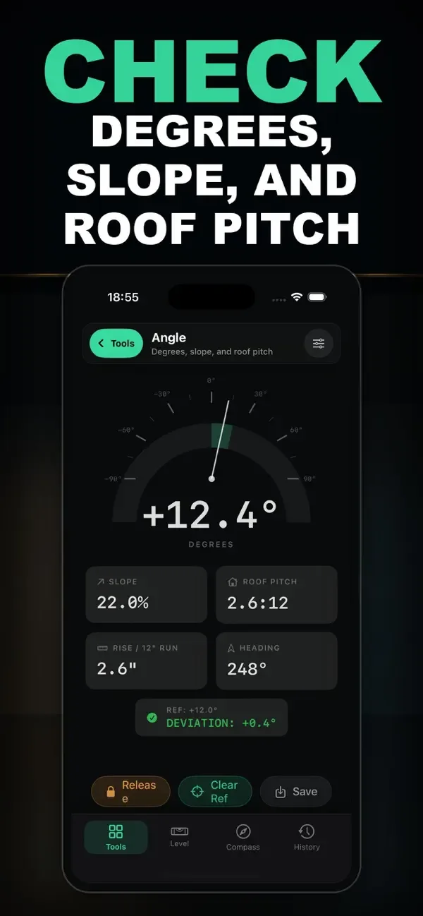 Pitch and angle measurement screen