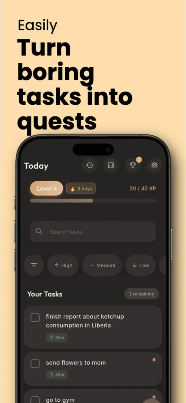 Task list that turns planned work into quests