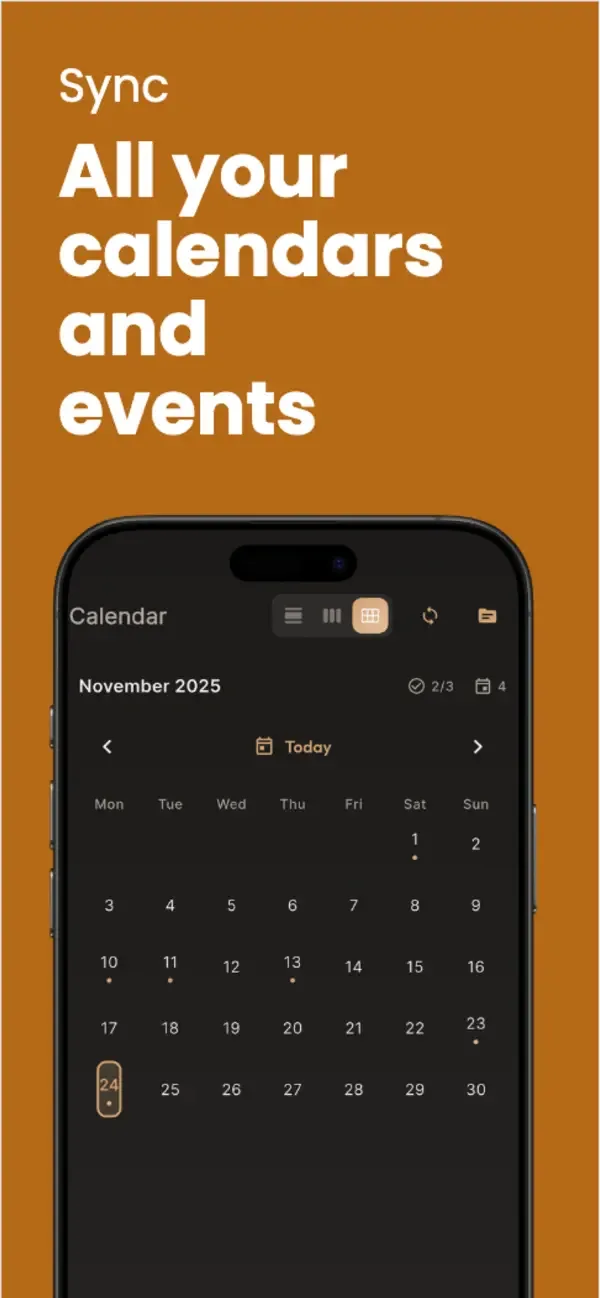 Calendar view with synced tasks and events
