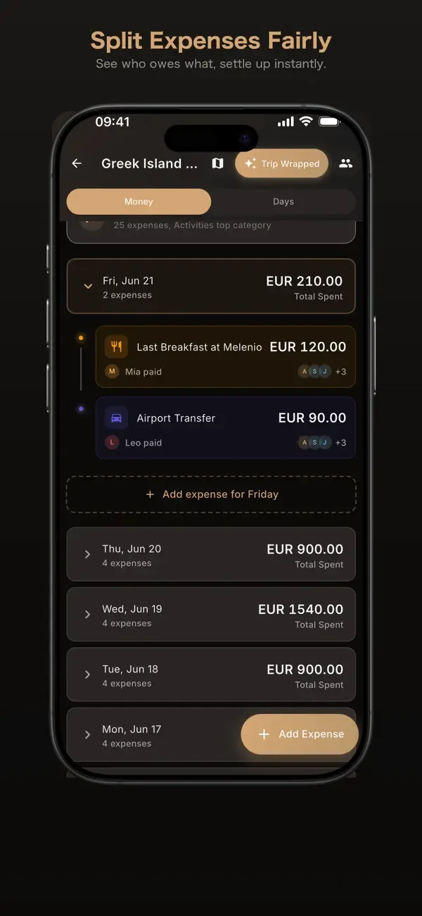 Travel expense entry and split controls